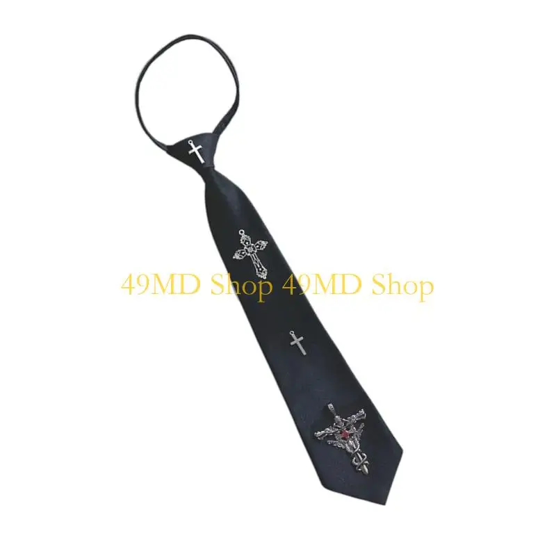 49MD Punk Pre-tied Uniform Ties with Carved Metal Crosses Girls School Uniforms