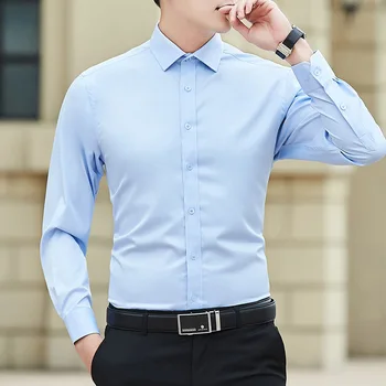 New Plus Size Men Solid Color Business Shirt Fashion Classic Basic Casual Slim White Long Sleeve Shirt Brand Clothes 4