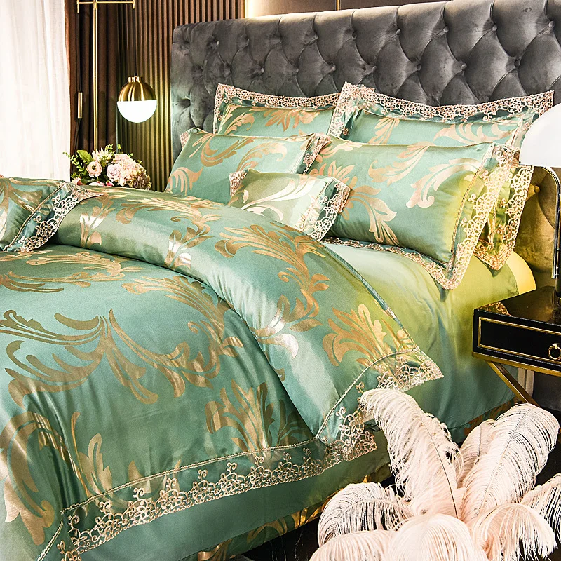 European Satin Jacquard Bedding Set Four-piece Set 1.8m 2.0m Bed Sheets Set Lace Lace Quilt Cover Single Double Bedding
