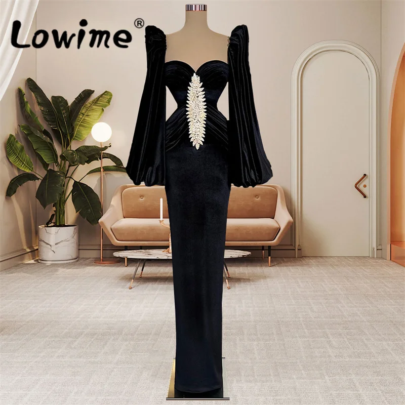 Arabic Style Black Velvet Mermaid Evening Dress Puffy Long Sleeve Crystal Formal Party Gowns Dubai Middle East Prom Dresses Robe