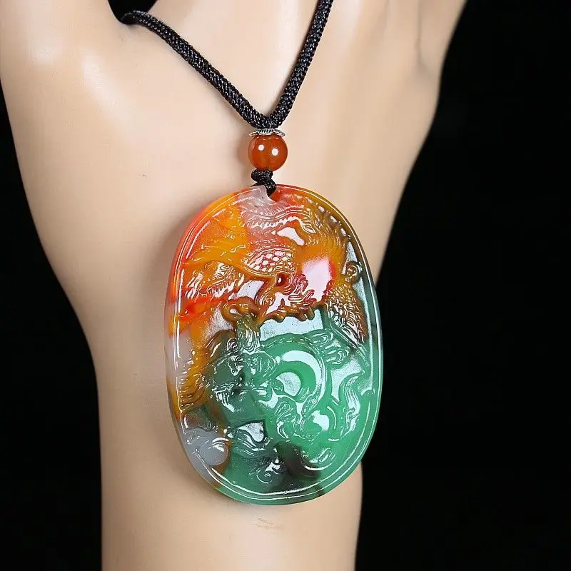 Colored Jade Dragon and Phoenix Pendant Brand Fashionable Men's and Women's Necklace Pendant Outer Mongolian Crafts