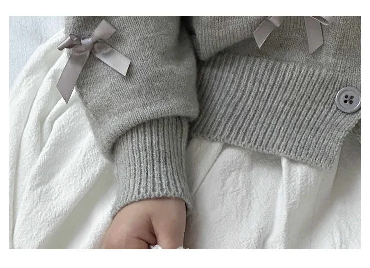 Elegante Schulmädchen-Baumwollpullover in Grau mit Schleifen für Mädchen, Kinder-Strickwaren, Mode für den Herbst, Teenager-Baby-Strickkleidung – Detail 13