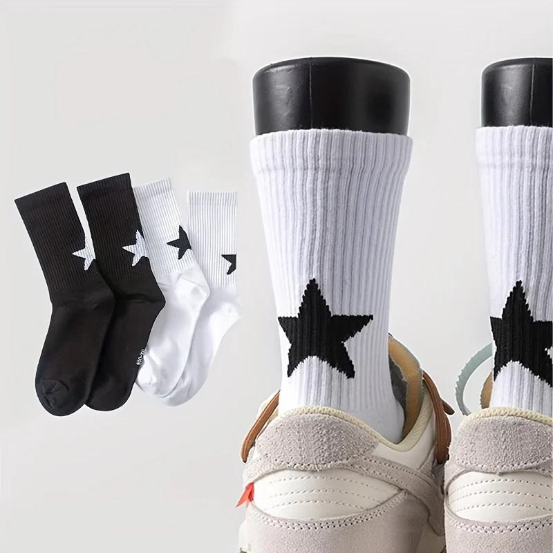 

4 pairs of four seasons simple solid color pentagram series mid tube socks suitable for both men and women, sports daily series