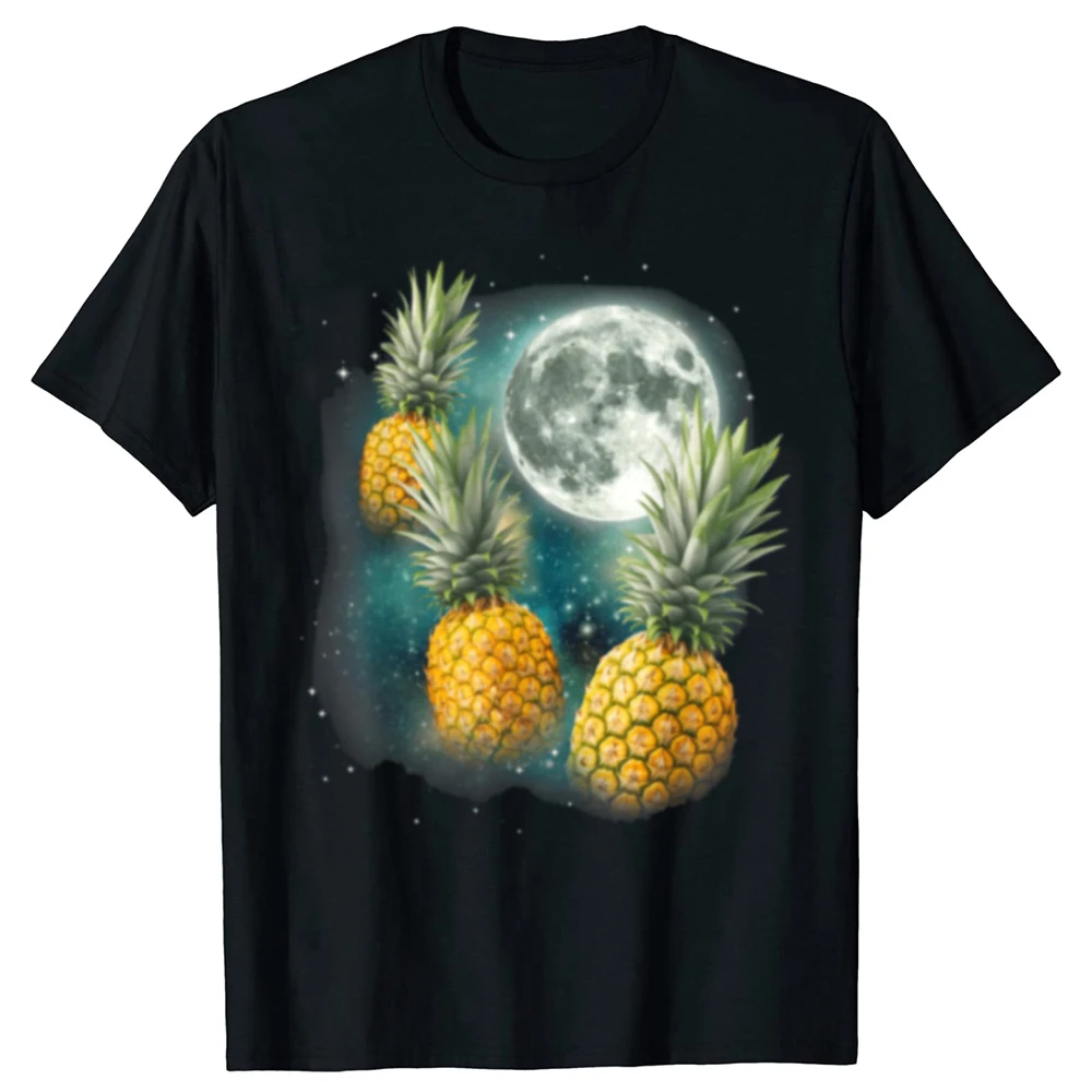 Lustige Three Pineapple Moon T-Shirts für Herren und Damen, modisches, lässiges, übergroßes T-Shirt aus Baumwolle, lockeres, übergroßes T-Shirt mit tropischen Früchten – Detail 2