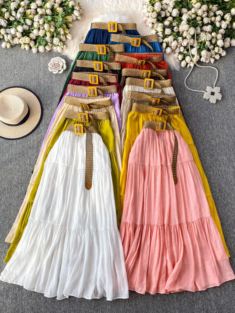 White Casual High Waist Midi Skirt Women's Spring Summer A-Line Cake Skirt Flared Hemline Korean Sle Inner Lined