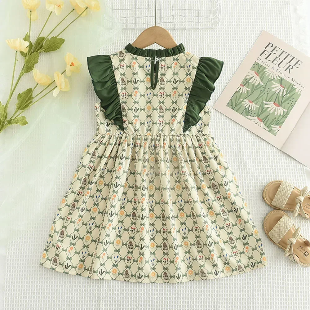 Summer Flower Rabbits Princess Dresses Flying Sleeves Baby Girls Casual Clothes 3 4 5 6 7 Years Print Costume