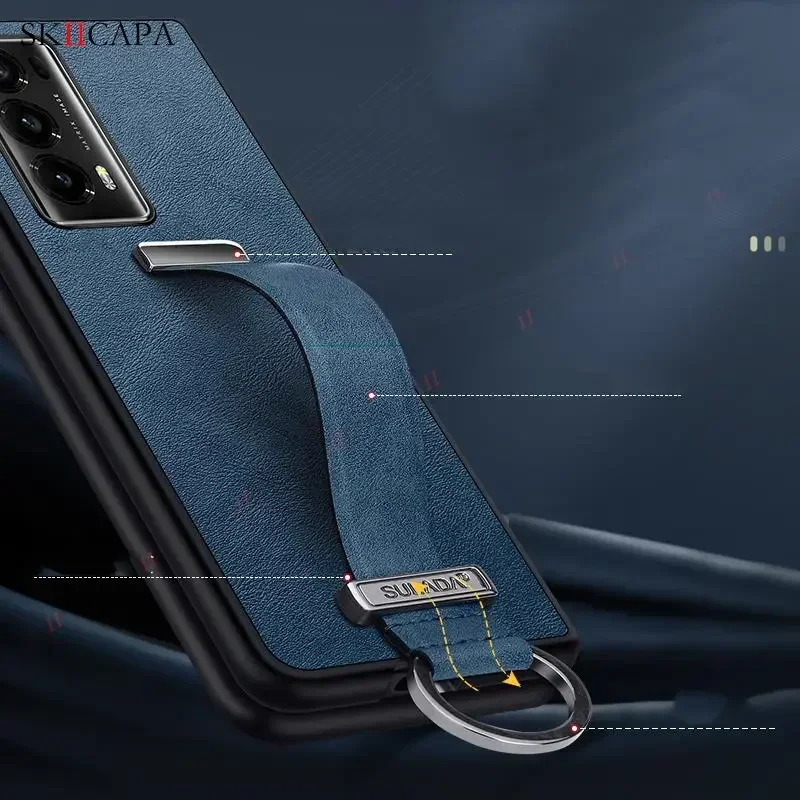 Luxury Leather Soft Phone Case For Honor Magic VS2 VS3 Wriststrap Metal Ring Holder Stand Back Cover For Honor Magic V2 V3 Cases