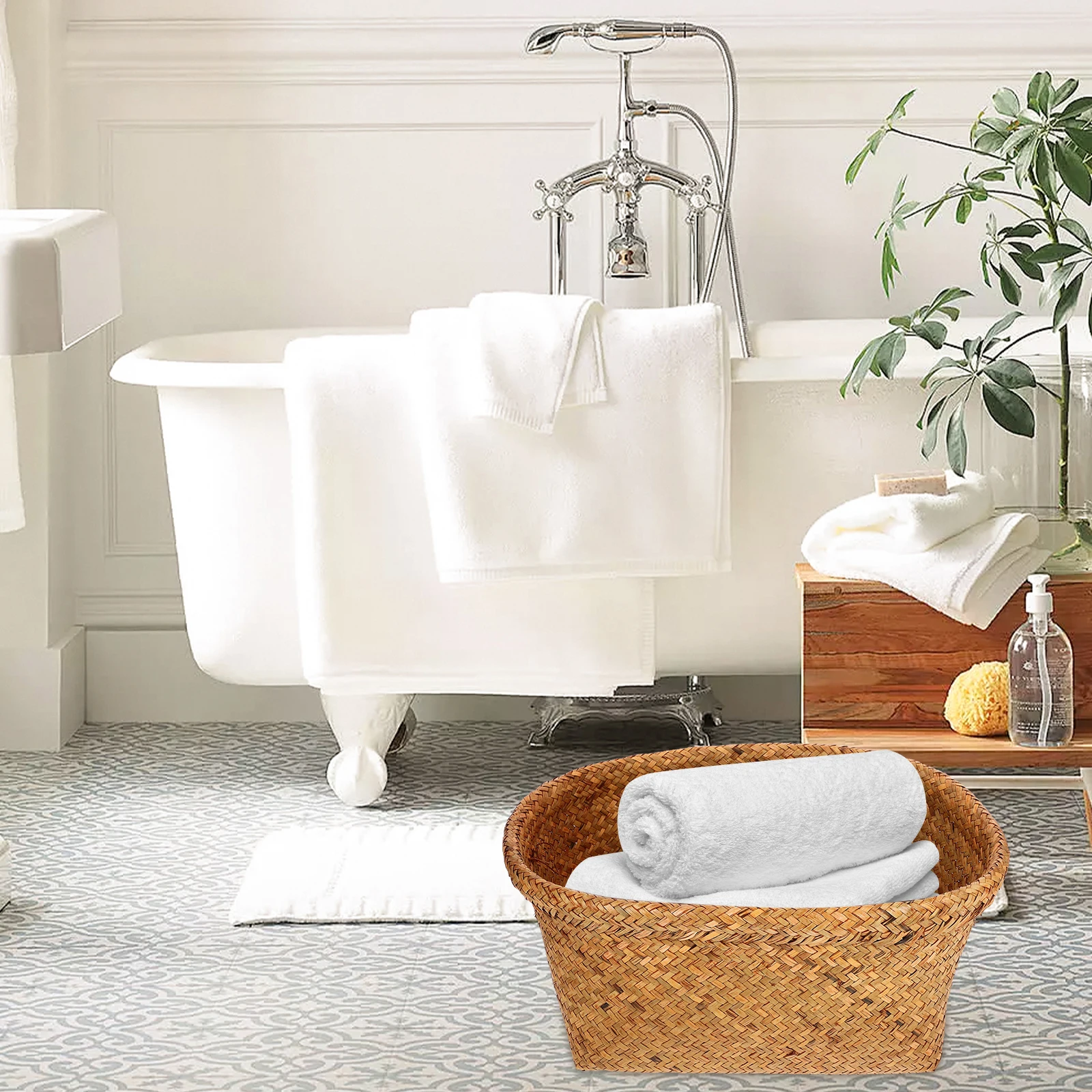 

1pc Sea Grass Woven Storage Basket Natural Fiber Laundry Hamper For Towels Slippers Dirty Clothes Home Organizer Woven Storage