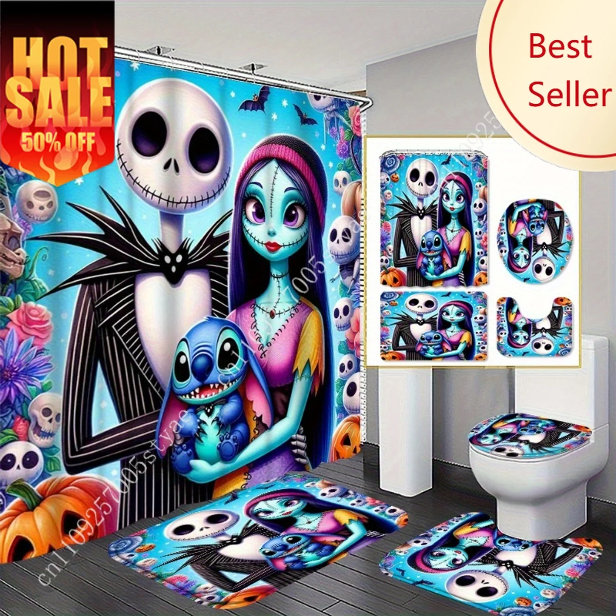

Stitch Jack Sally Shower Curtain Set Disney Cartoon Decoration Gifts Floor Mats Toilet Seat Cover Nightmare Before Christmas