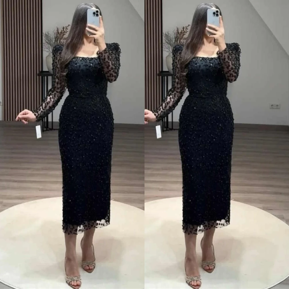

Customized Modern Tulle O-Neck Evening Dress Exquisite Beading Prom Dresses Luxury Long Sleeves Special Occasion Gowns