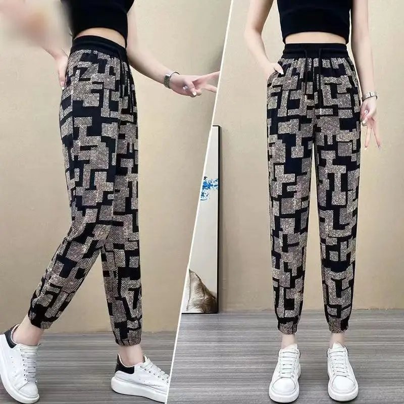 Vintage Geometric Pattern Splicing Ultra Thin Quick Drying Elastic High Waist Ankle-length Pants Ice Shredded Women Harem Pants