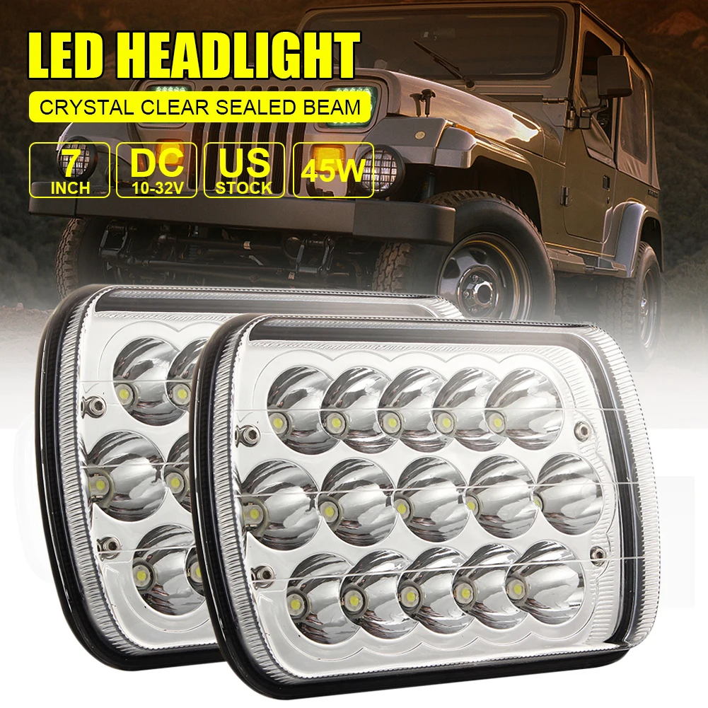 7 Inch Car Headlight H4 Square 45W 15LED High Lumen 6000K White Driving Lights Hi/Lo Beam Waterproof for Jeep Truck Accessories