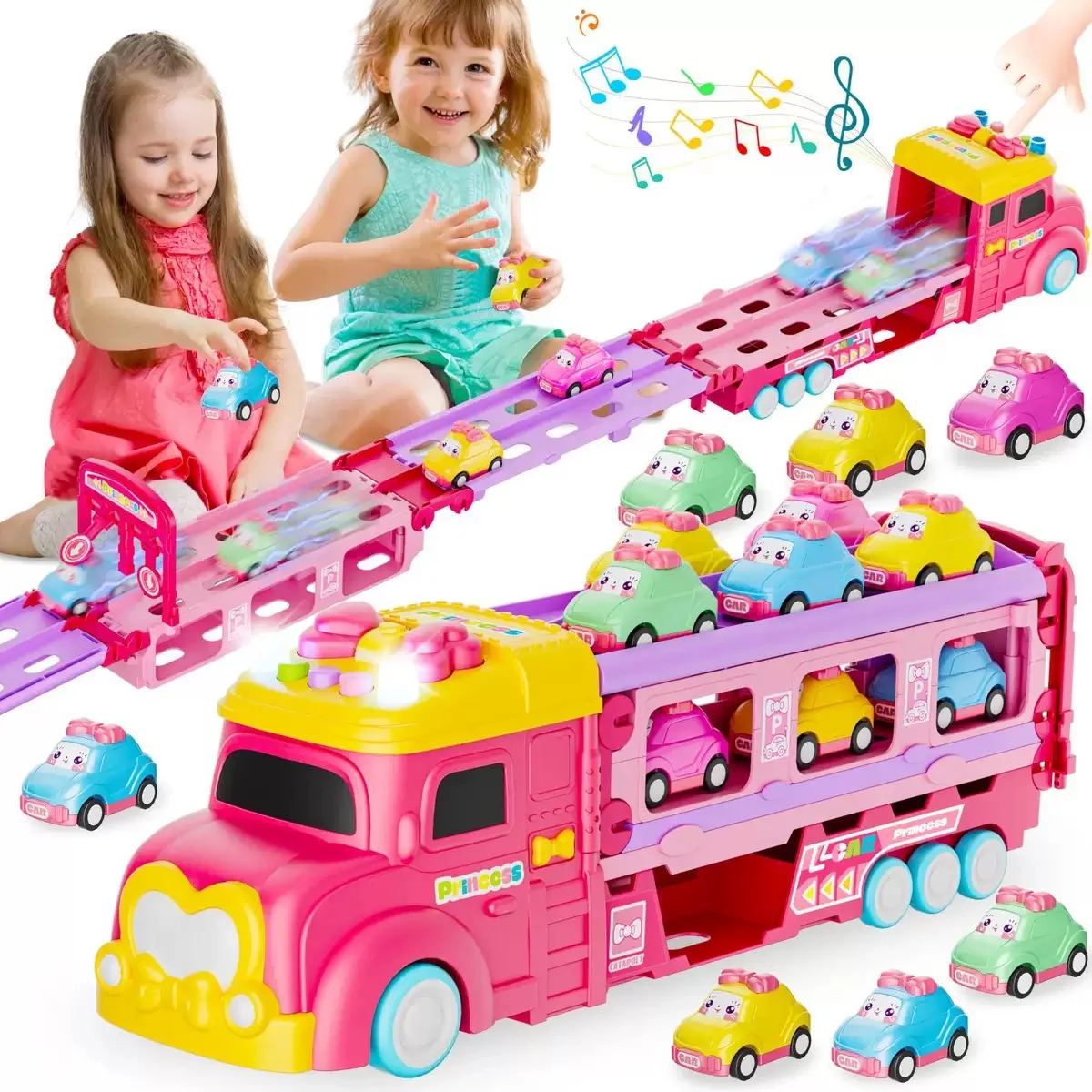 

Pink Princess Double Layer Transport Truck for Girls, Foldable Race Track with Light & Sound, Storage Toy Birthday Gift for Kid