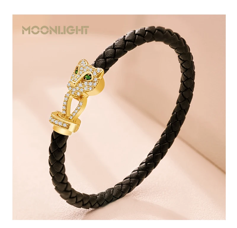MOONLIGHT Classic Design Exquisite Cheetah Zircon Bracelet for Women Braided Leather Bracelet Quality Banquet Couples Gift