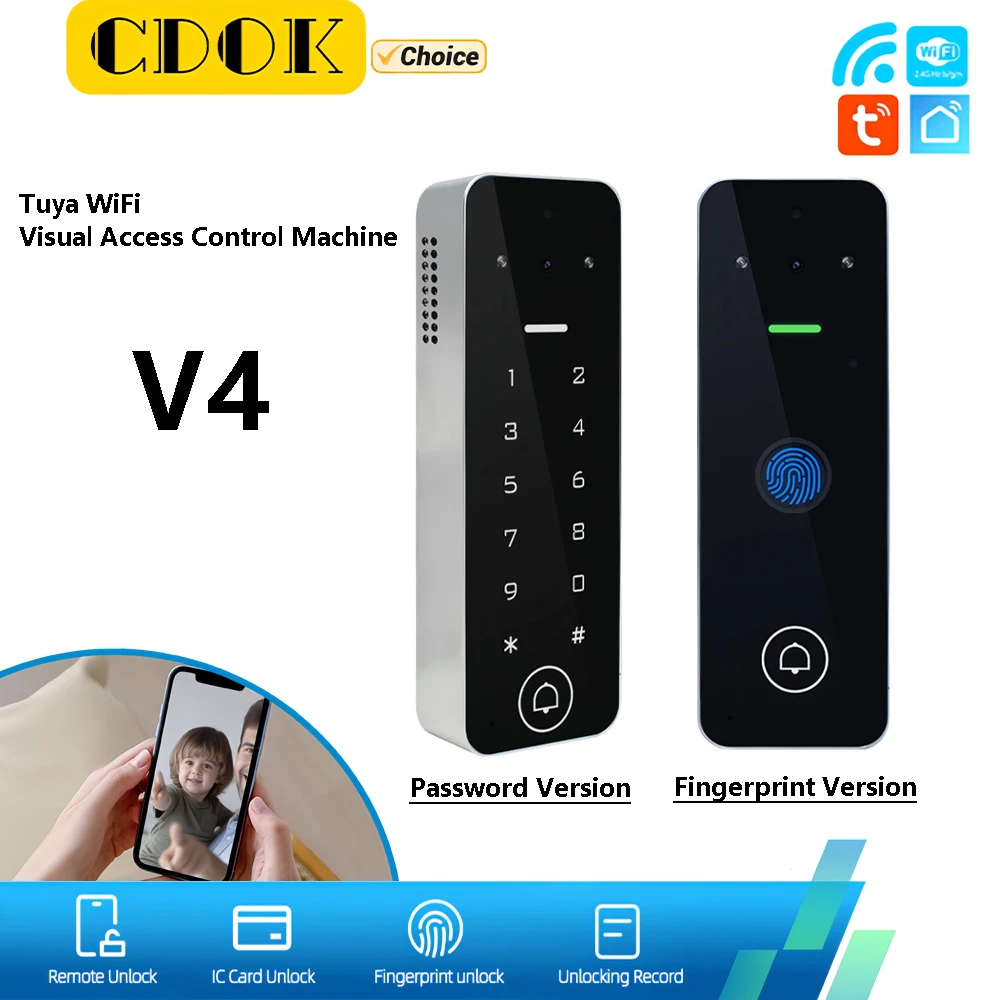 

CDOK V4 Tuya WiFi устройство контроля доступа, удаленный видеодоступ, разблокировка по отпечатку пальца, паролю и считыванию карт.