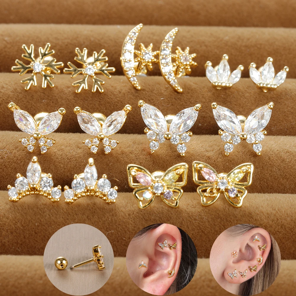 Vintage Gold Plated Stainless Steel Butterfly Stud Earrings Women Snowflake Zircon Cartilage Piercing Earring Christmas Jewelry