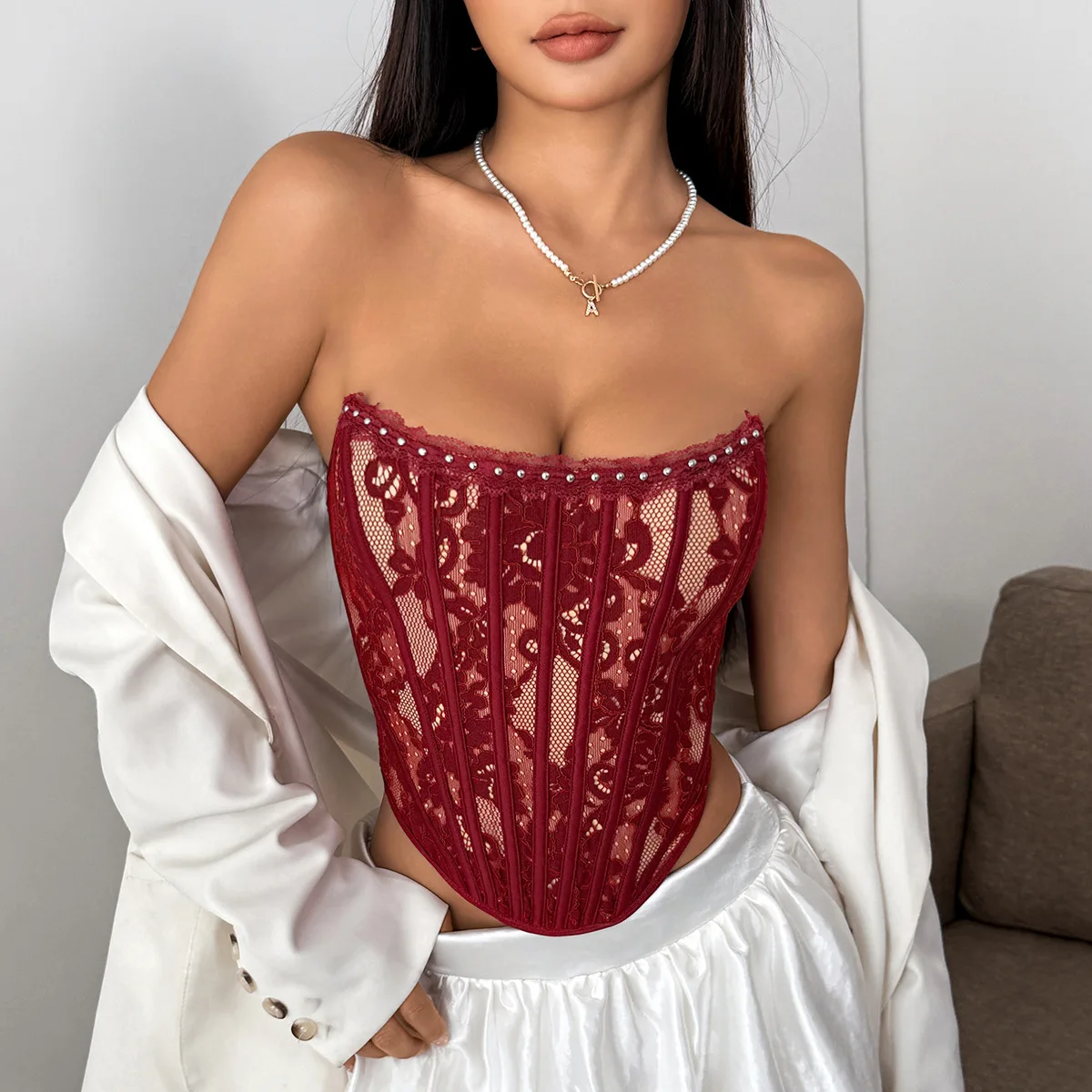 Spitzen-Fischgräten-Korsett Trägerloses Crop-Top Sexy Ausgeschnittenes Camisole Figurformendes Korsett Tanktop Schickes Oberteil Damen Sommer