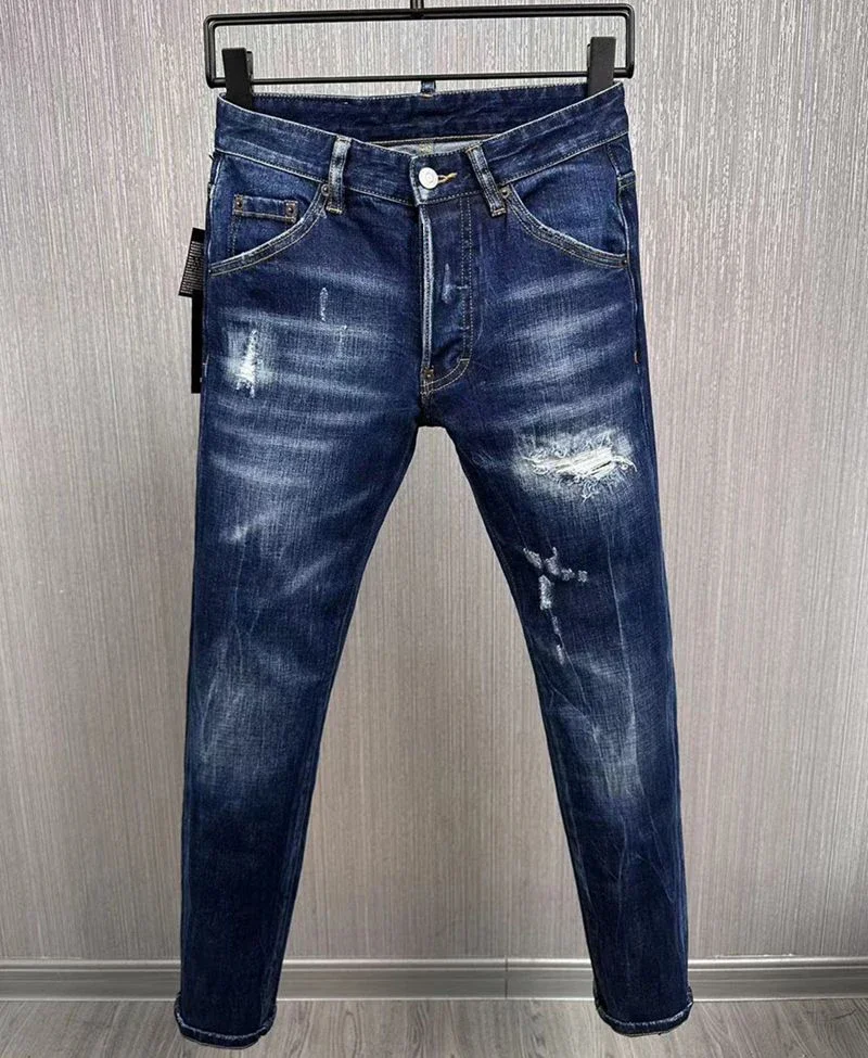 2024 BRAND D2 Men Jeans Denim Pants Hole Slim Pencil Trousers Metal Buttons Fashionable blue D2 cool guy JENAS for men 9885