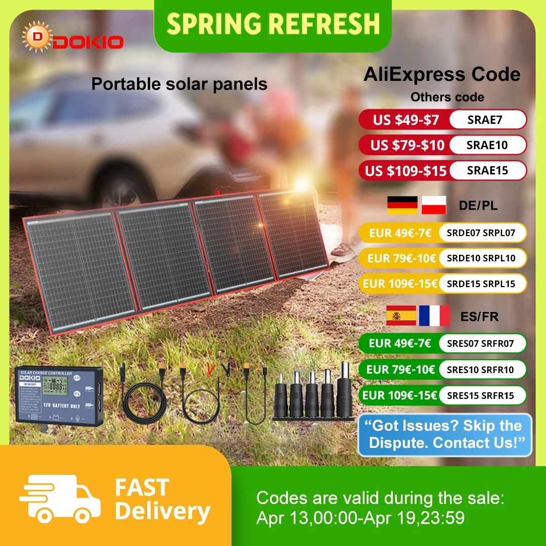 Dokio-Panneau solaire 18V portable et flexible, 100/160/200/300W, avec kit de contrôle 12V, pour recharge de batterie de camping