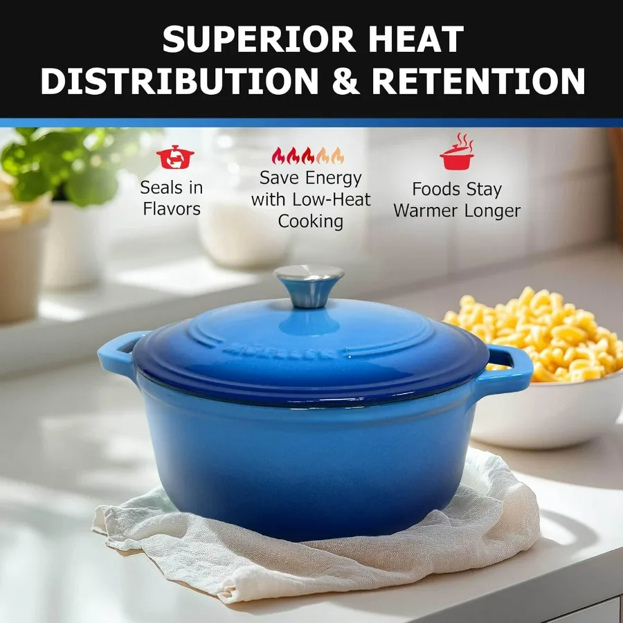 MELLERHOME 7.5 QT فرن هولندي من الحديد الزهر المطلي بالمينا طبق خزفي عالي التحمل ومقلاة برايزر مع غطاء ومقبض من الفولاذ المقاوم للصدأ OvenSafe u