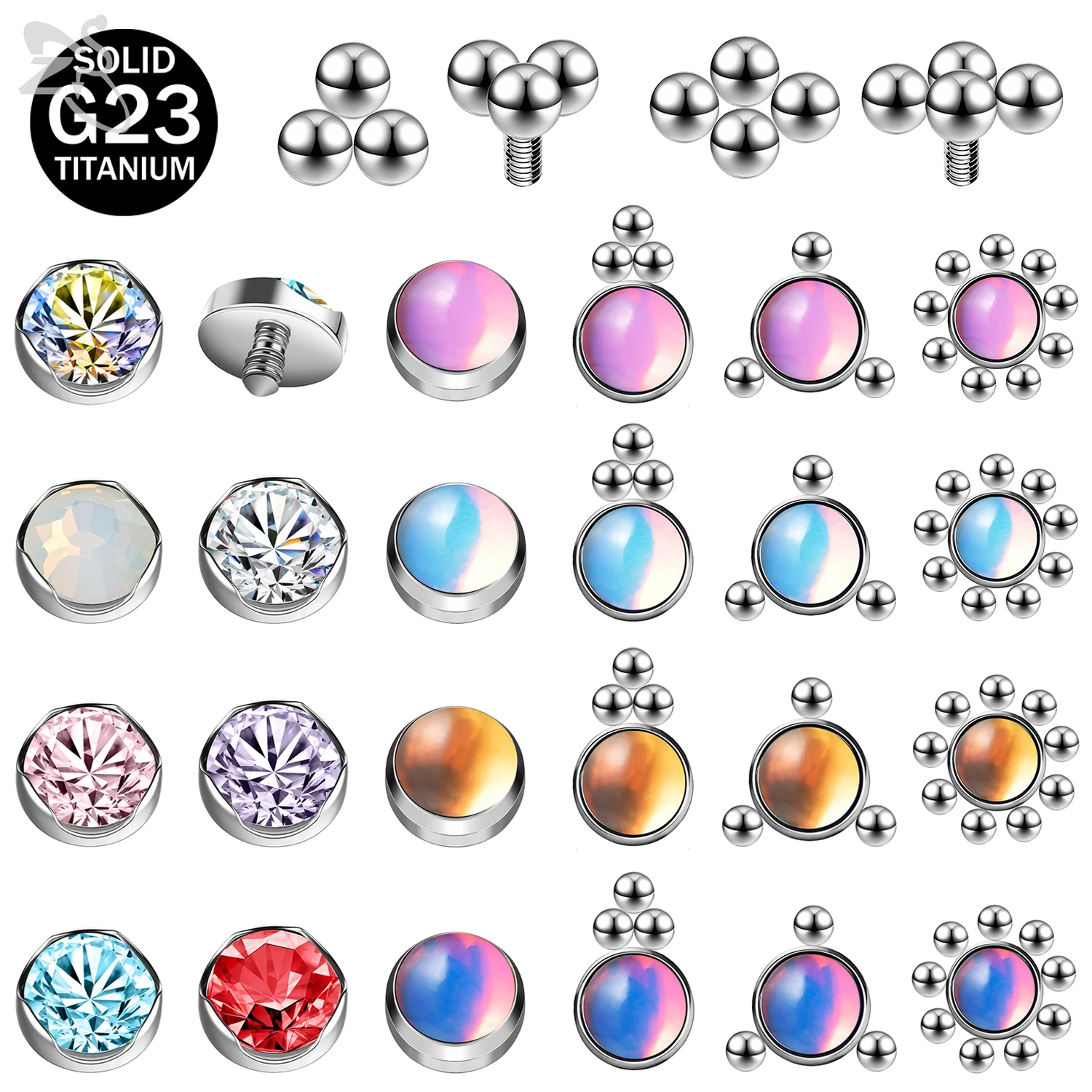 ZS 1 PC G23 Titanium Steel Dermal Anchor Men Women Colorful Round Dermal Piercings CZ Crystal Hide In Skin Microdermal Piercing