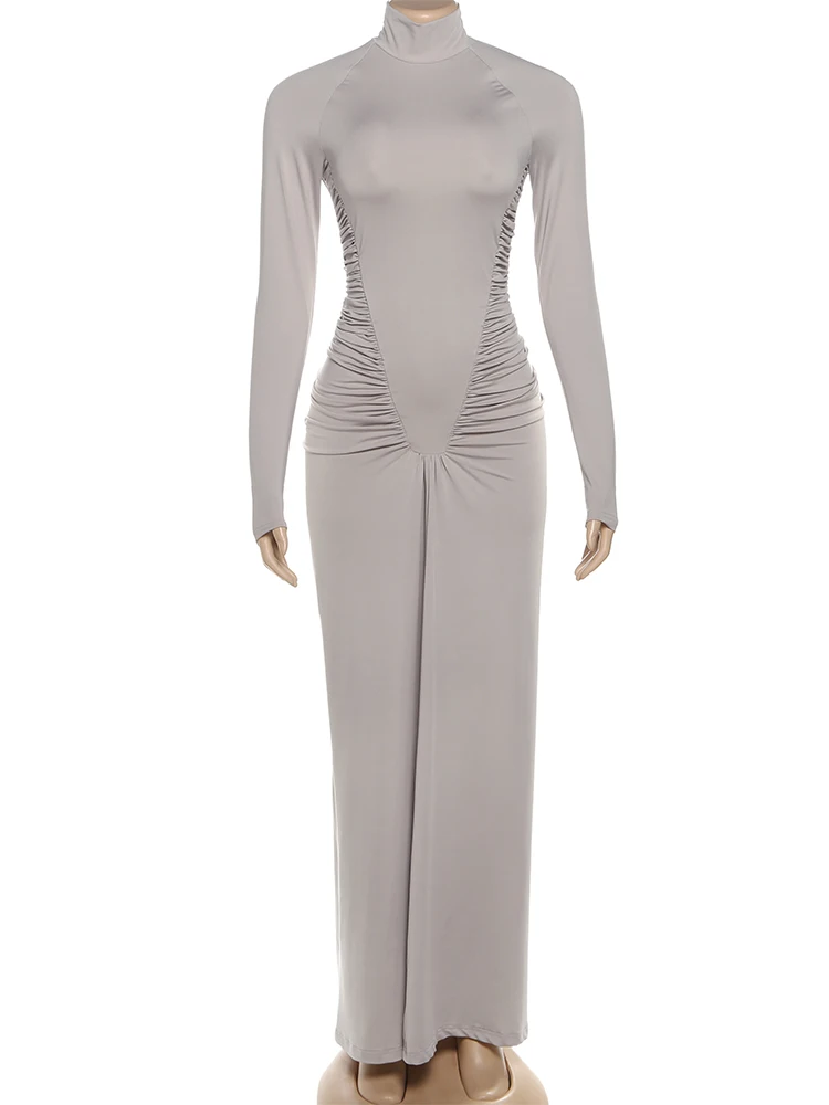 Whatiwear Casual Elegant Long Dress Woman Turtleneck Full Sleeve Skinny High Elastic Street Fashion Daily Simple Style Clothing
