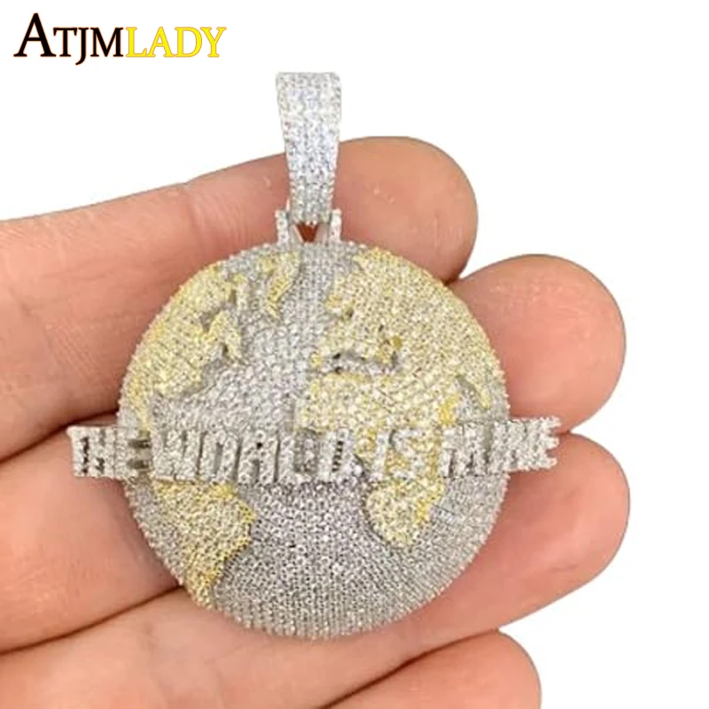 

Bling Iced World Is Mine Globe Map Pendant Necklace Micro Pave 5A Cubic Zirconia CZ World Map Hip Hop Puck Men Boy Jewelry