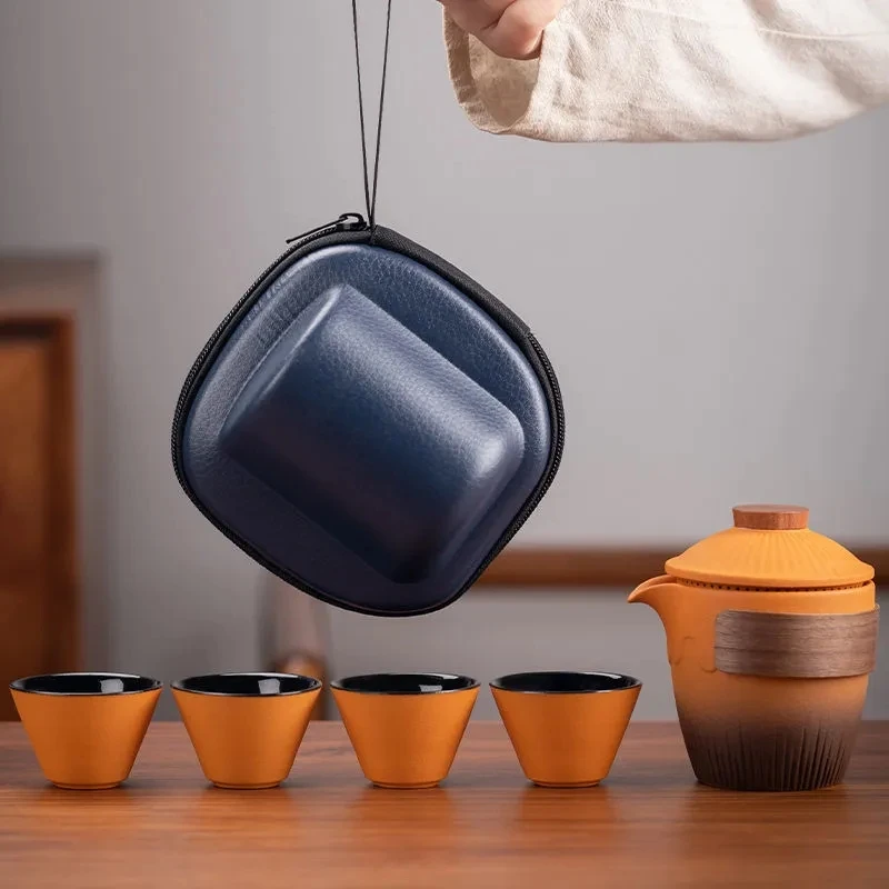 

Portable Travel Tea set Black Small set Carry-on Outdoor Teapot Tea Cup Office One Pot Four Cups High quality Kunfu Teaware set