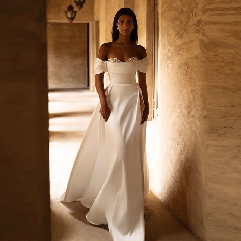 ZOCI  Romantic Slit A Line Wedding Dresses Beading With Silk Taffeta Ball Gown Boat Neck Sleeveless Bride Zipper Robe De Mariee