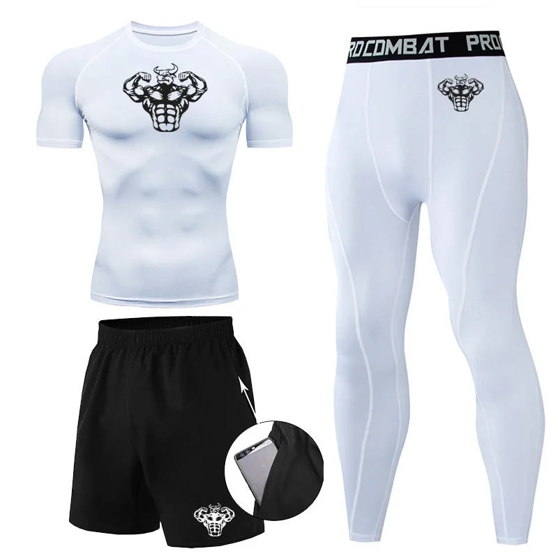 Tuta sportiva da uomo a compressione in 3 pezzi Tuta sportiva attillata Set da yoga Allenamento da jogging MMA Abbigliamento fitness Tuta Pantaloni sportivi