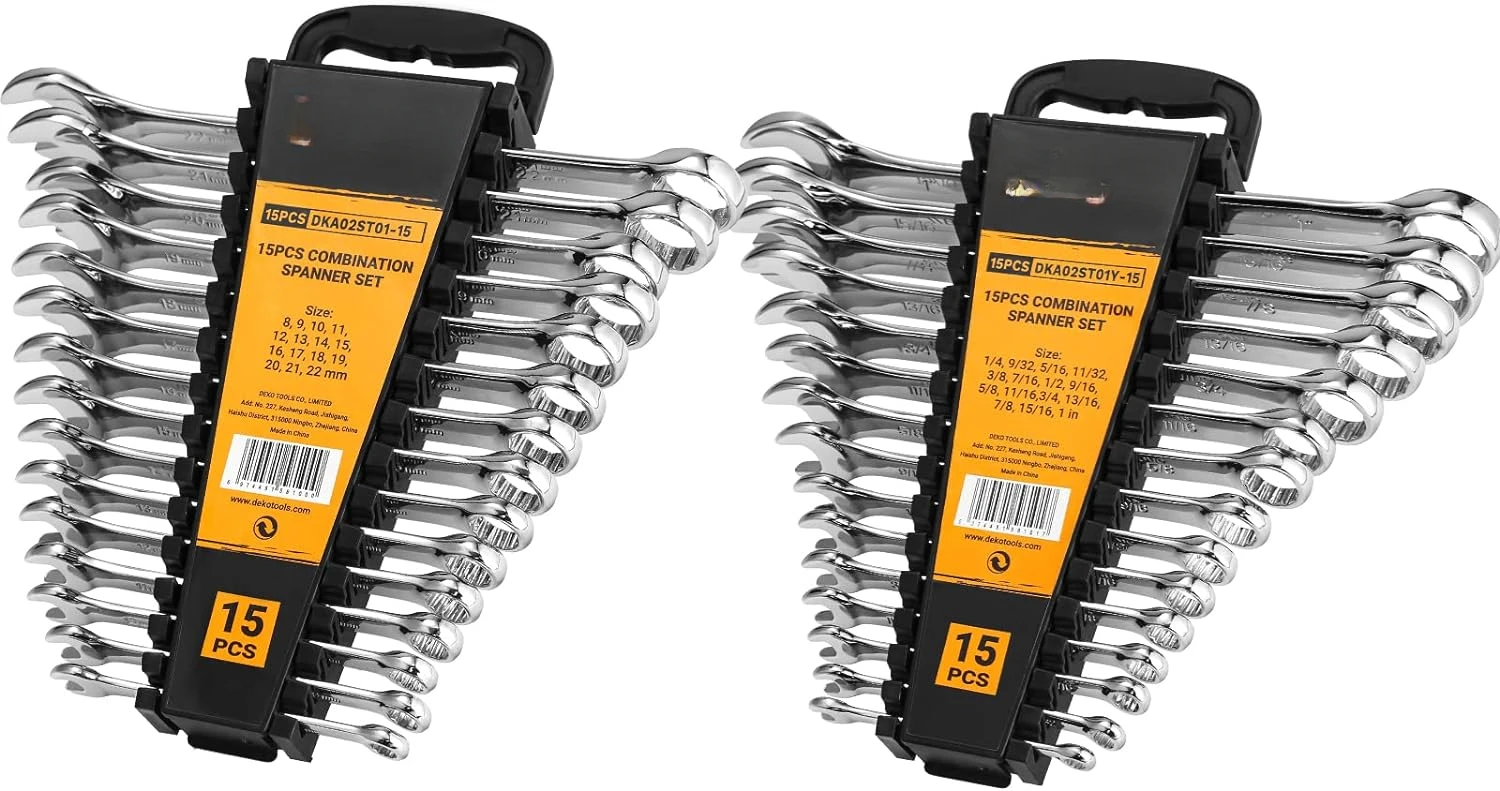 Combination Wrench Set, SAE&Metric, 30-piece, 1/4'' to 1'' & 8-22mm, 12-Point, Chrome Vanadium Steel, with Plastic Tray