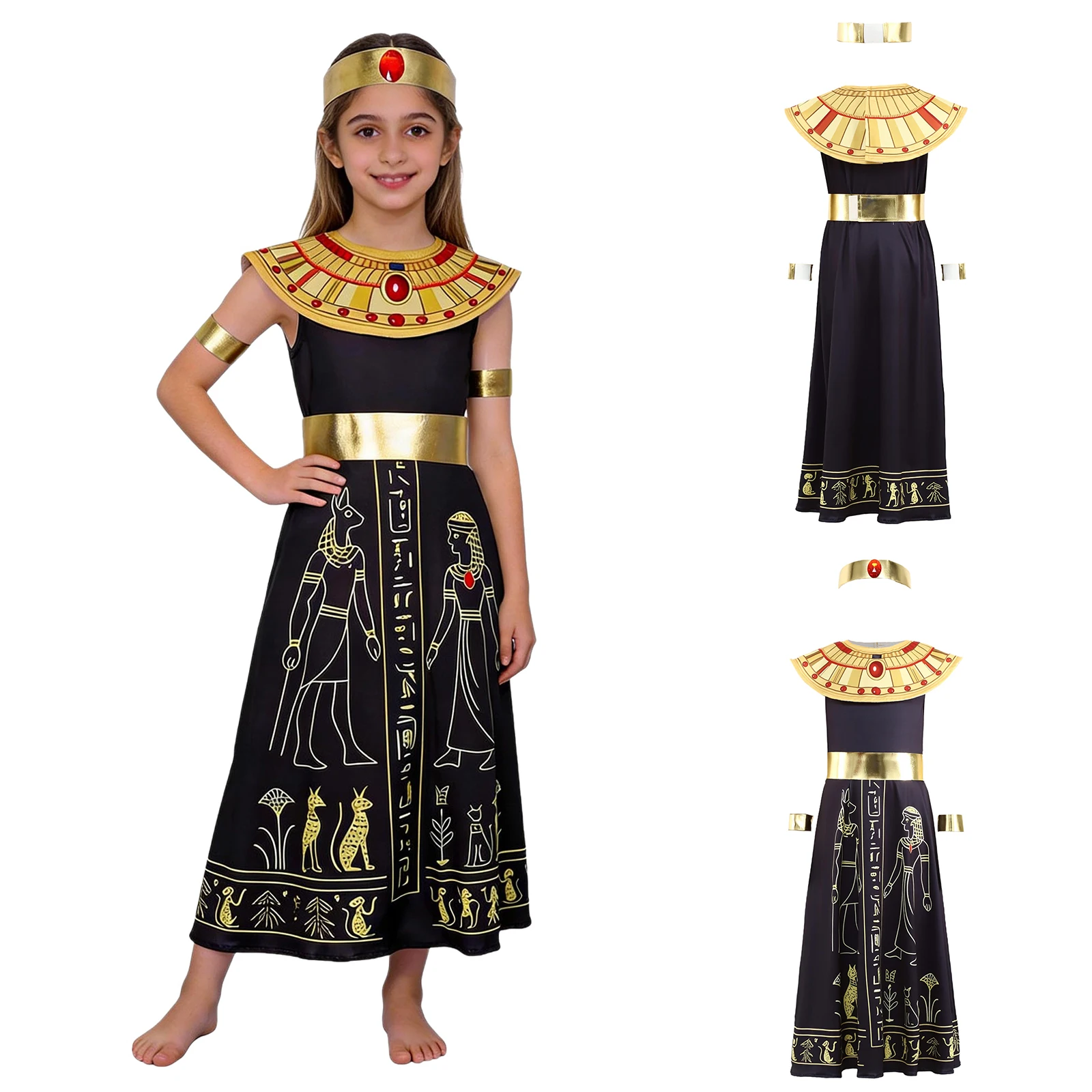 

Kids 5Pcs Egypt Queen Cosplay Dress Outfit Dress and Neckwear Waistband Wrist Bands and Headband Halloween Costumes for Girls