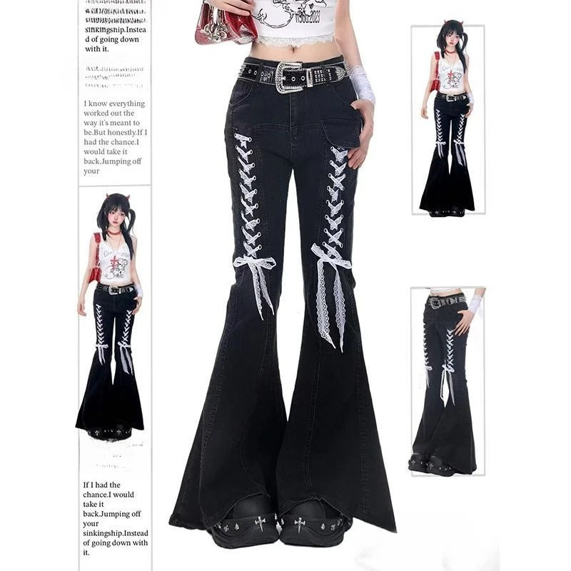 

Американские винтажные джинсы-клеш для женщин, лето 2026, с высокой талией, свободные прямые джинсовые брюки, уличный стиль, повседневные шикарные штаны