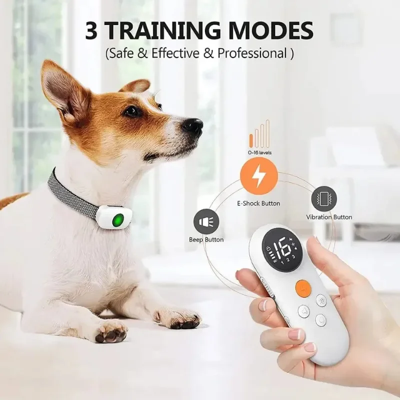 

Электрический ошейник для дрессировки собак, перезаряжаемый противогавный с дистанционным управлением, водонепроницаемый, звуковой вибрационный шок, светодиодный светильник, режимы блокировки безопасности