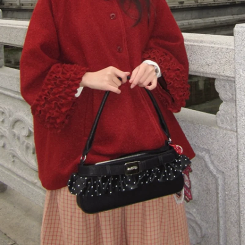 Umhängetasche mit gepunktetem Rüschenrand, Damen-Hobo-Handtasche, schicke Unterarmtasche im East-West-Stil, Y2k-Pendlertasche für Mädchen – Detail 7