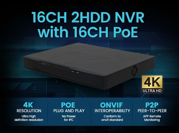 2026 Real Time Recording Security 16CH 4K PoE NVR with H.265/H.264 Compression and 24/7 Recording