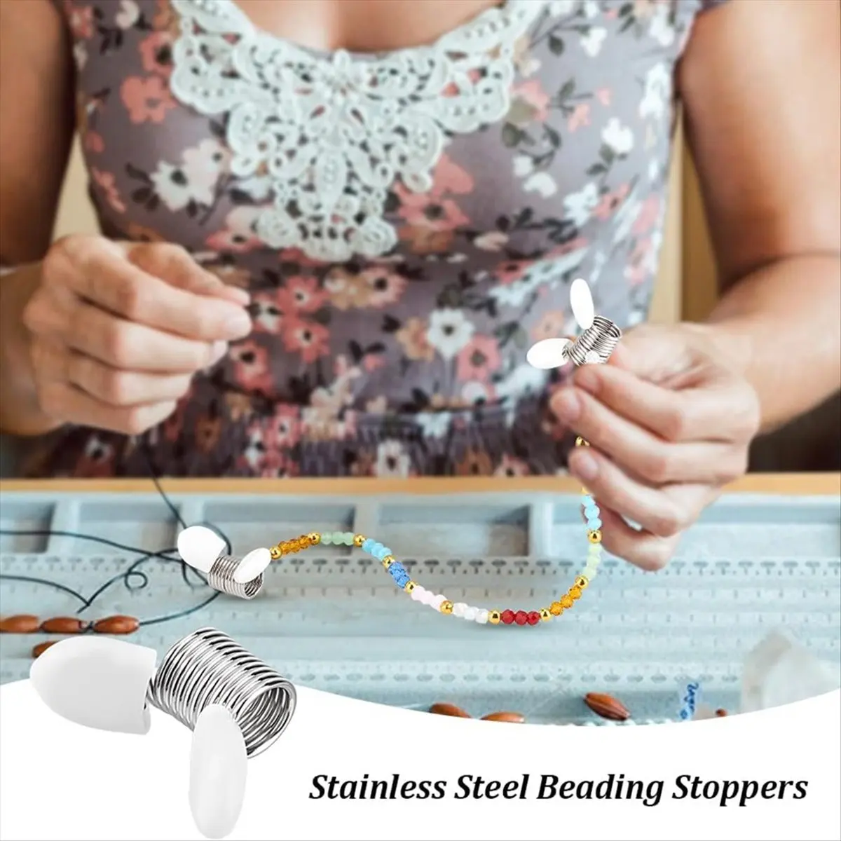 A74U 6Pcs Soft Flex Stoppers Bead Stainless Steel Mini Bead Clamps with White Handles for Jewelry Making