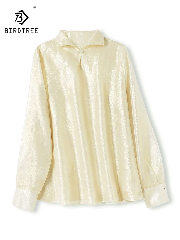 

Элегантная блузка BirdTree из шелковой органзы с жаккардовым узором, с отложным воротником и длинными рукавами, свободного кроя, для деловых встреч, весна 2026, T63862CC