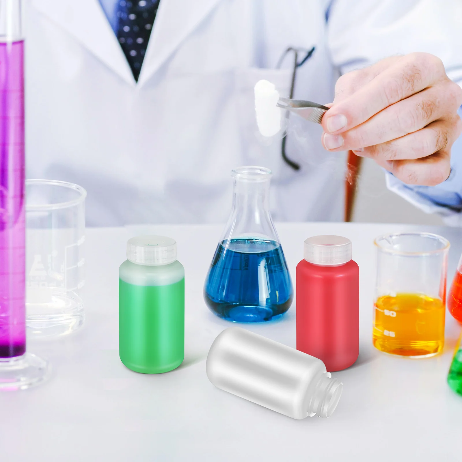 

5pcs 250Ml Plastic Clear Sample Bottles Wide Mouth Lab Storage Containers For Chemical Liquids White Caps Laboratory Vials