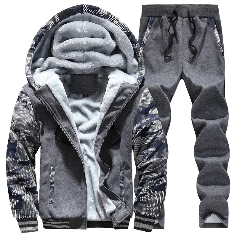 New Winter Fleece Thicken Men\'s Two-piece Zipper Sports Set Hooded Thermal Suit Casual Oversized Tracksuit 4XL 5XL Funny Suit