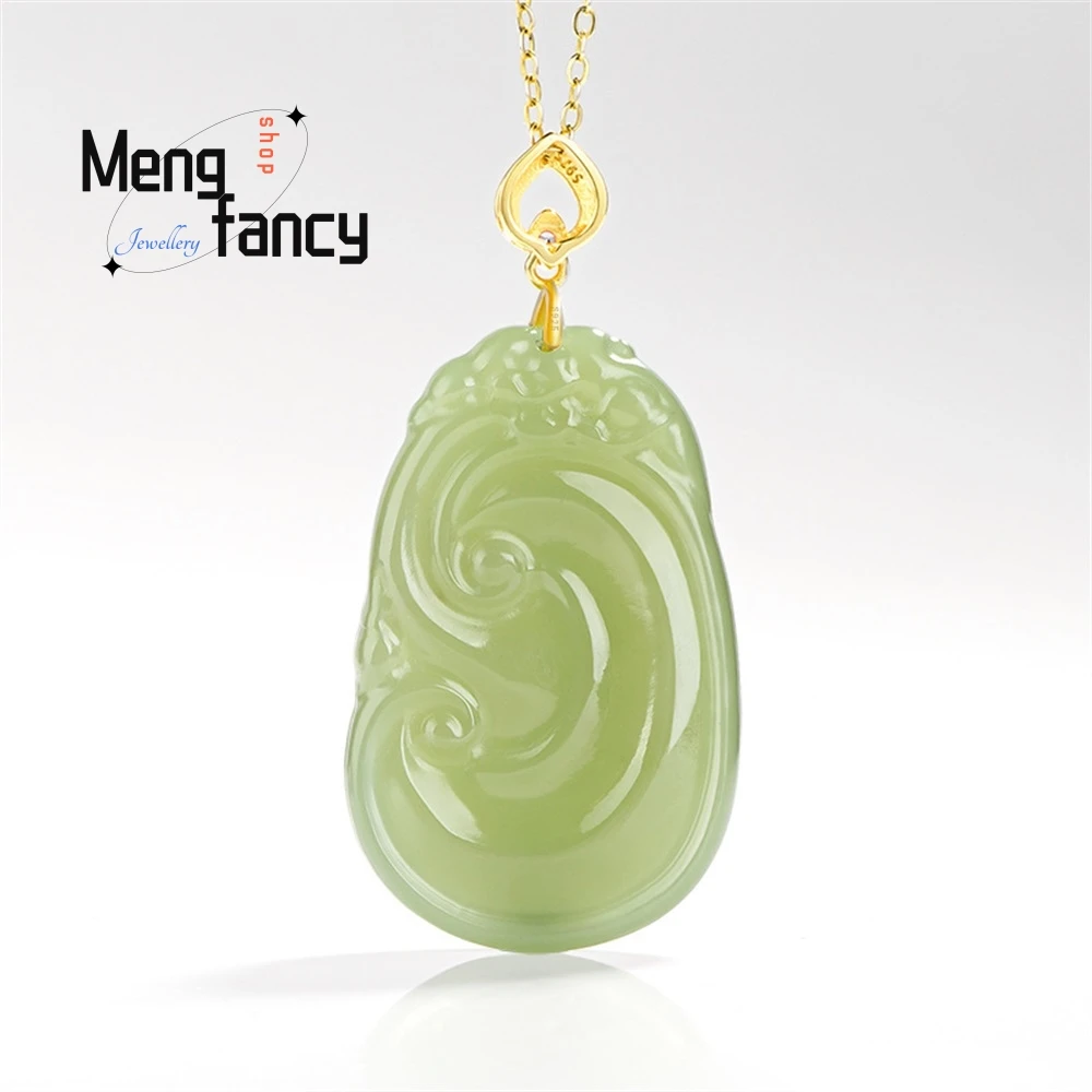 

Подвеска Ruyi из натурального старого материала Hetian Jade Green Jade, подвеска из натурального серебра S925, инкрустированная нефритом, мужское ожерелье, женский стиль