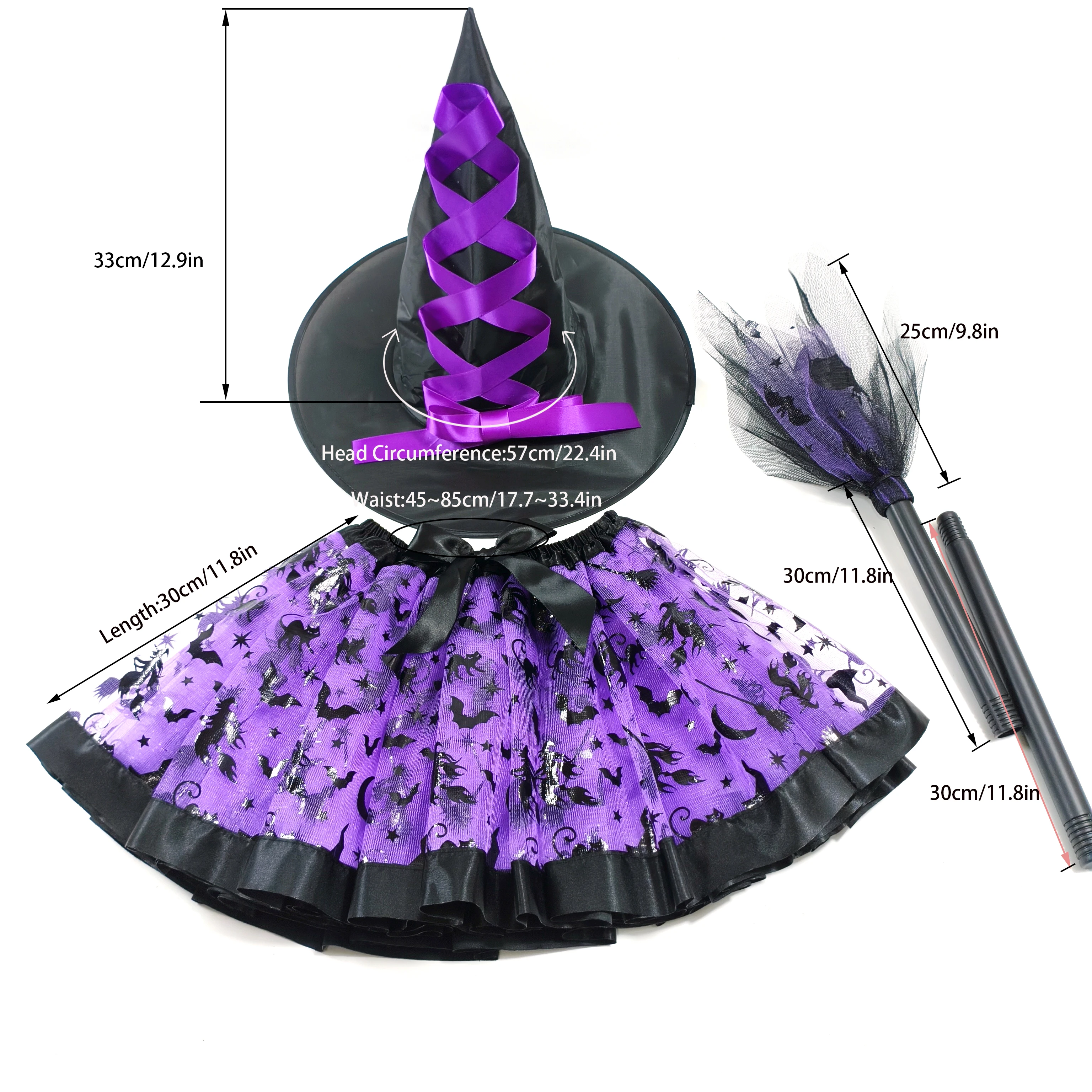 Halloween Witch Tutu Set for Kids Purple bat - themed tutu, black witch hat with purple accents and a Broom Perfect for parties