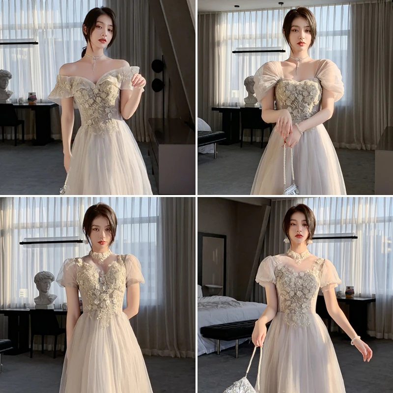 Grey Bridesmaid Dresses For Women New Summer French Wedding Sisters Group Green Evening Dresses Slim Exquisite Long Dress