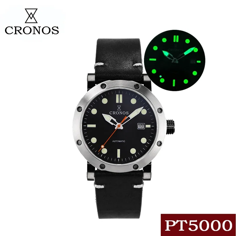 Cronos L6013 Watch For Men Stainless Steel PT5000 Movement Mechanical C3 Luminous Water Proof Blue MOP See Through Glow Hands