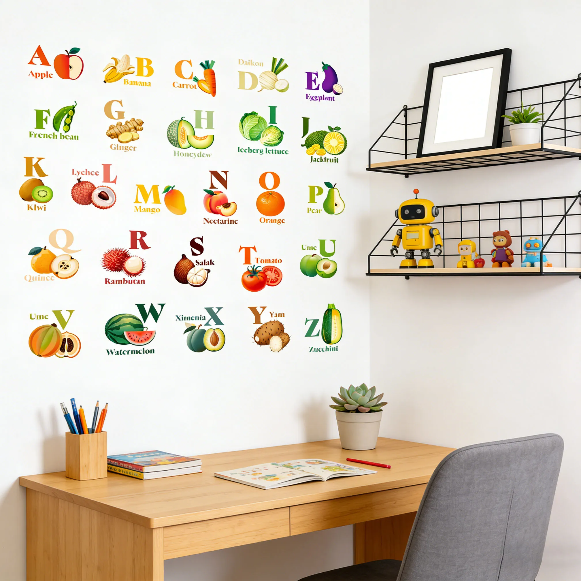 26 Fruit and Vegetable English Letter Wall Stickers for Children's Room Early Education Enlightenment Fruit and Vegetable Letter