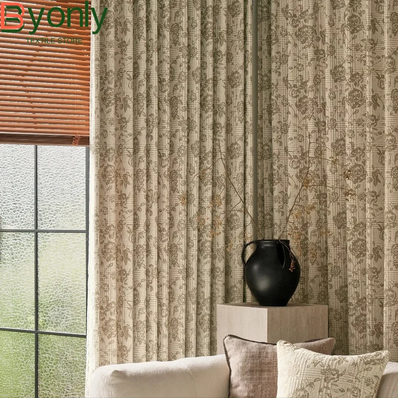 French Retro Milk Tea Extremely Jacquard Splicing Thick Chenille Curtains for Living Room Bedroom Partition Curtains Customized