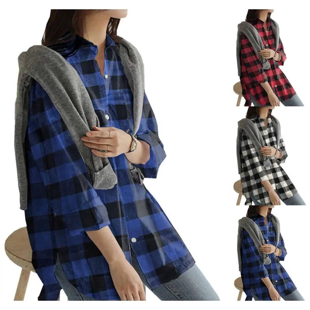 

Women's Plaid Print Collar irt Medium Long Polyester Fiber Regular Sve Long Autumn Faion Resistant to Deformation
