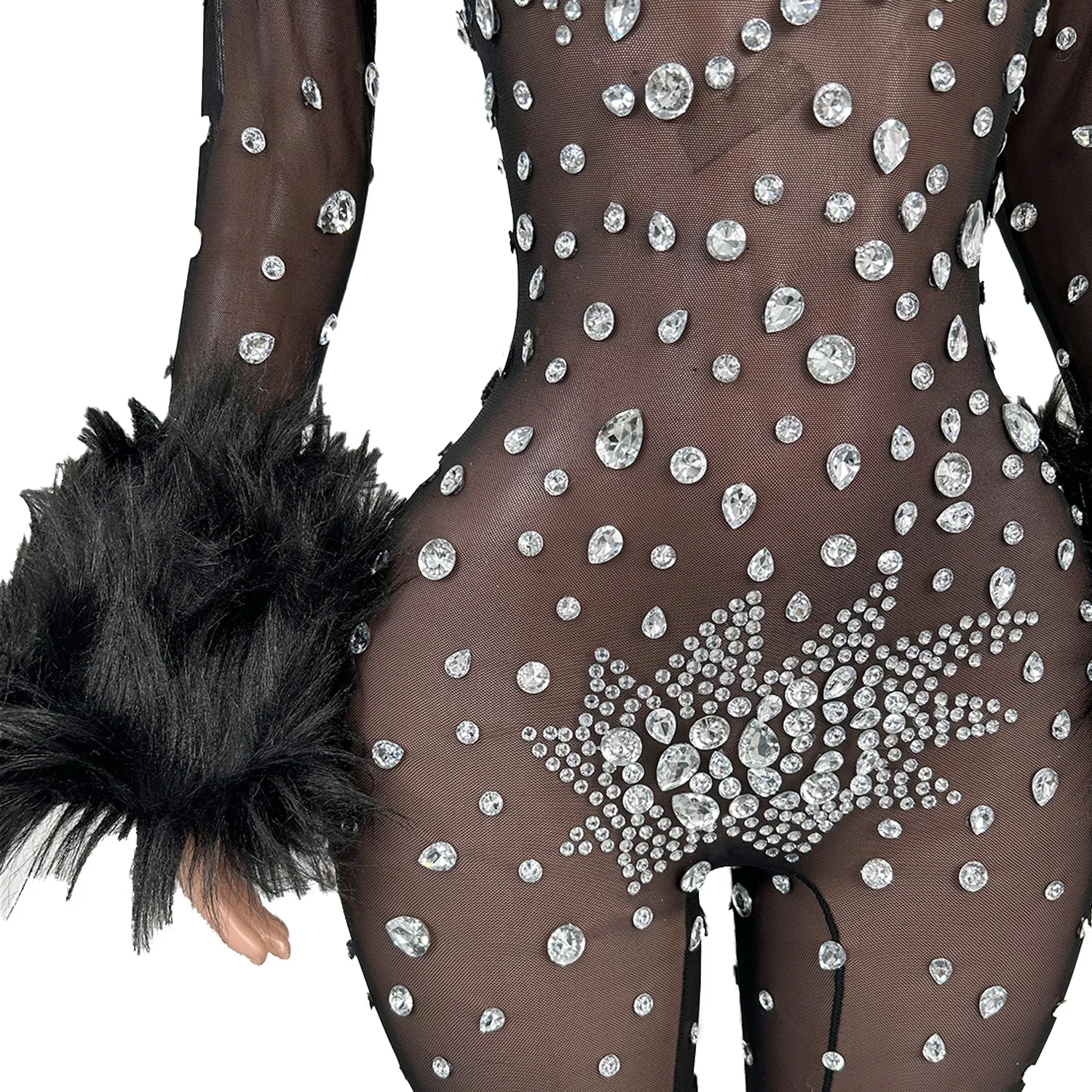 Guibinlianti Tuta nera sexy in rete con polsini in peluche leggings con strass argento Natale Halloween Capodanno Abito da festa