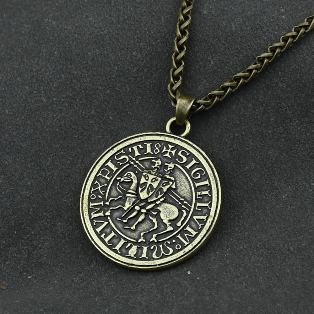 Viking Double War Horse Greek Latin Amulet Jewelry Knights Templar Exquisite Commemorative Seal Pendant Necklace