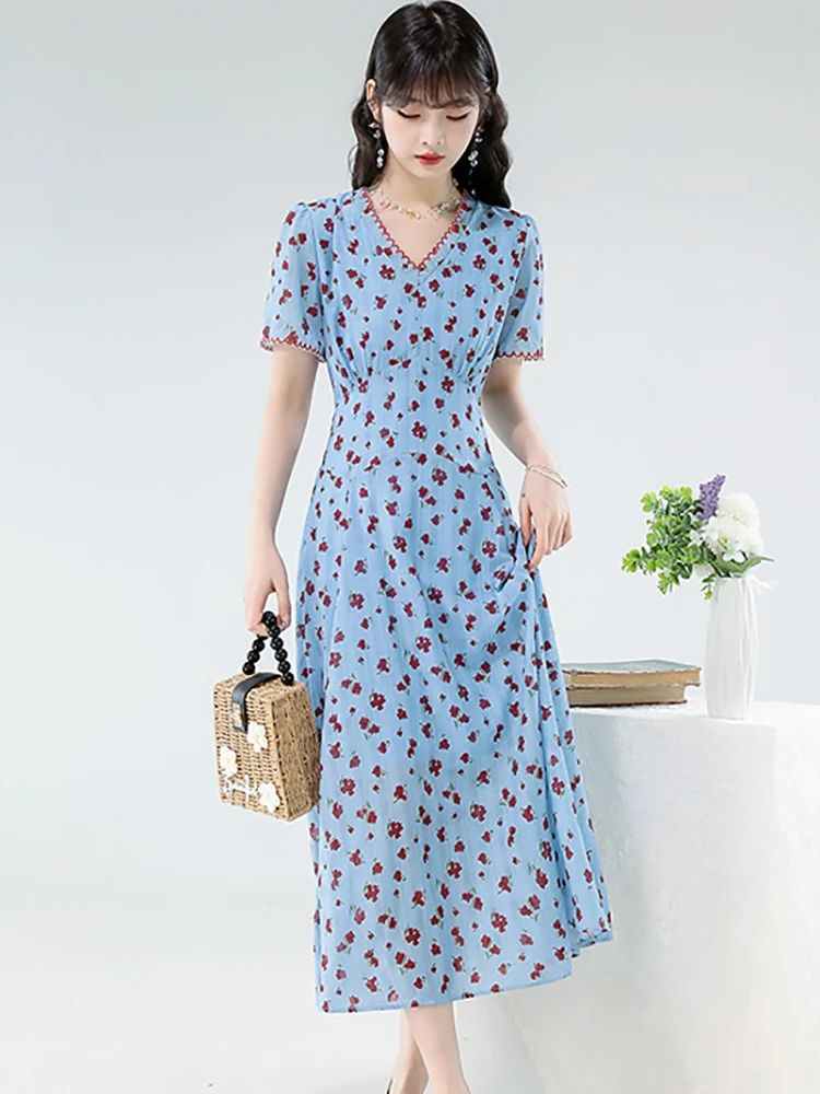 Damska Niebieska Sukienka Letnia w Kwiaty z Krótkim Rękawem, Dekolt V, Elegancka, Codzienna Sukienka w Stylu Boho, Rozkloszowana Sukienka A-Line, Nowa Koreańska Sukienka Bodycon Jednoczęściowa 2025